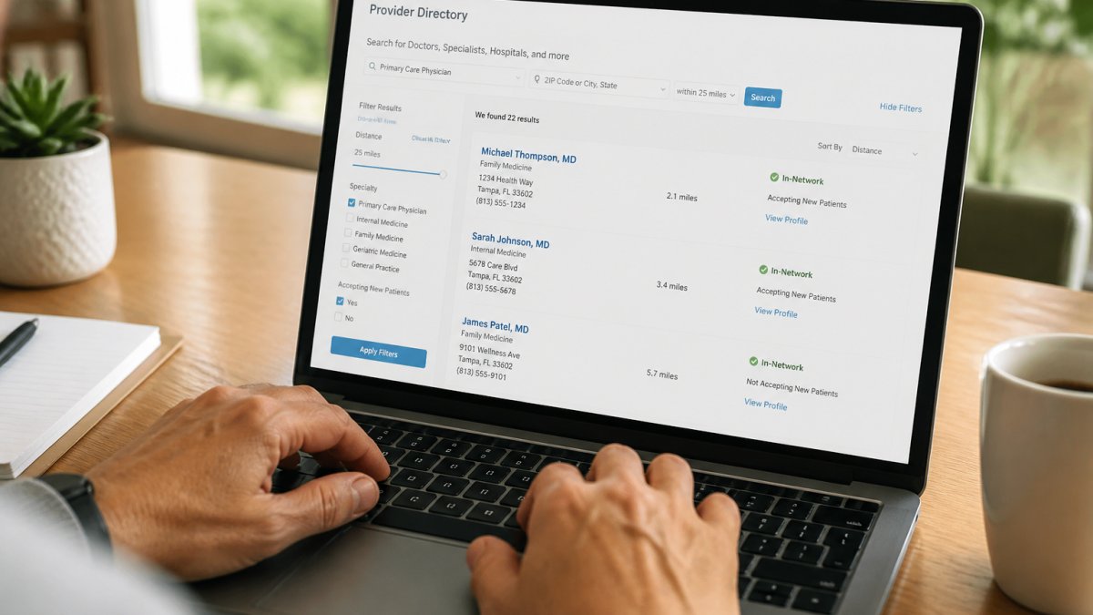 Close-up of hands typing on laptop keyboard with provider directory website visible on screen, showing search results for doctors with in-network status labels highlighted