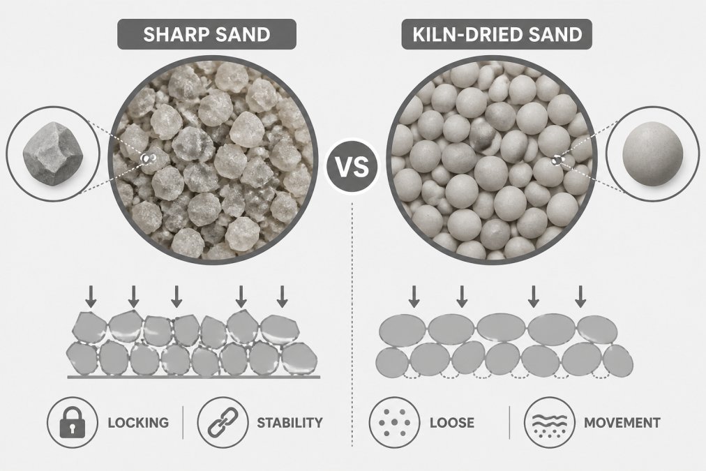 Close-up of sharp sand particles showing angular texture and grain structure alongside rounded kiln-dried sand particles for visual comparison