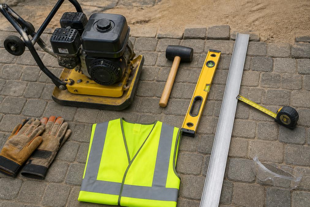 Overhead view of essential paving tools arranged on a work surface: plate compactor, rubber mallet, spirit level, straight edge, measuring tape, and safety equipment including gloves and high-visibility vest