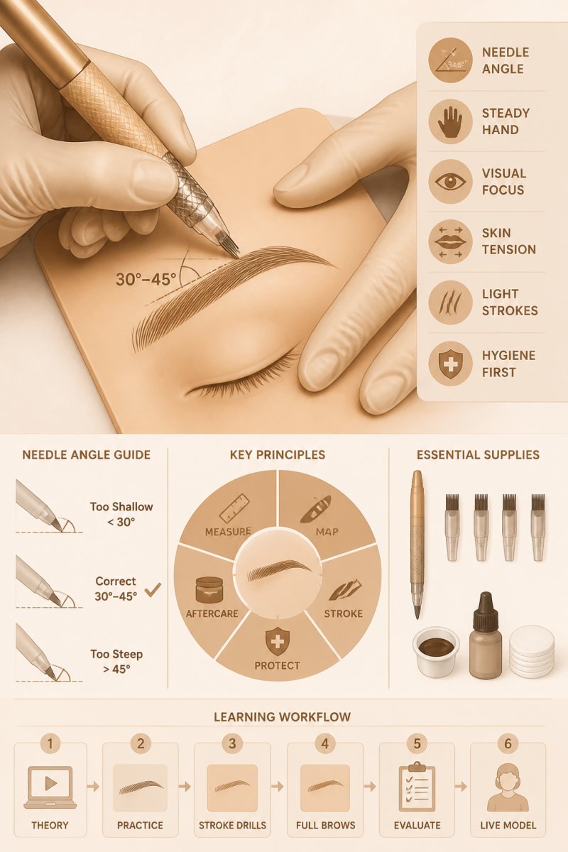Professional PMU artist's hands demonstrating precise microblading technique on a practice model's eyebrow, showing proper needle angle and steady hand position under clinical lighting