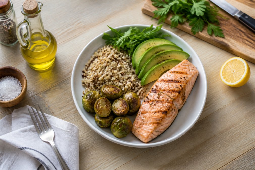 Overhead view of a colorful plate with grilled salmon, roasted Brussels sprouts, quinoa, and avocado slices on a light wooden kitchen counter with fresh herbs and olive oil nearby