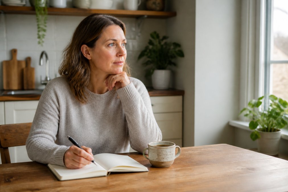 A woman in her early 40s sitting at a wooden kitchen table with an open journal and a ceramic mug of tea, looking calm and thoughtful in soft morning light from a nearby window