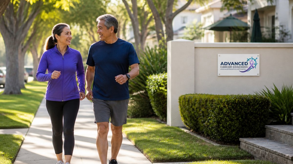 Middle-aged couple walking briskly on a sunny sidewalk to lower dementia risk