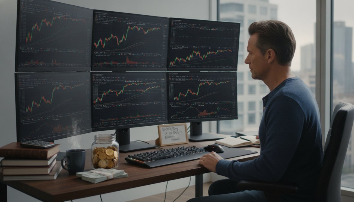 Trader at desk with multiple monitors displaying live market data, price charts, and trading positions in real-time, focused on analyzing market movements