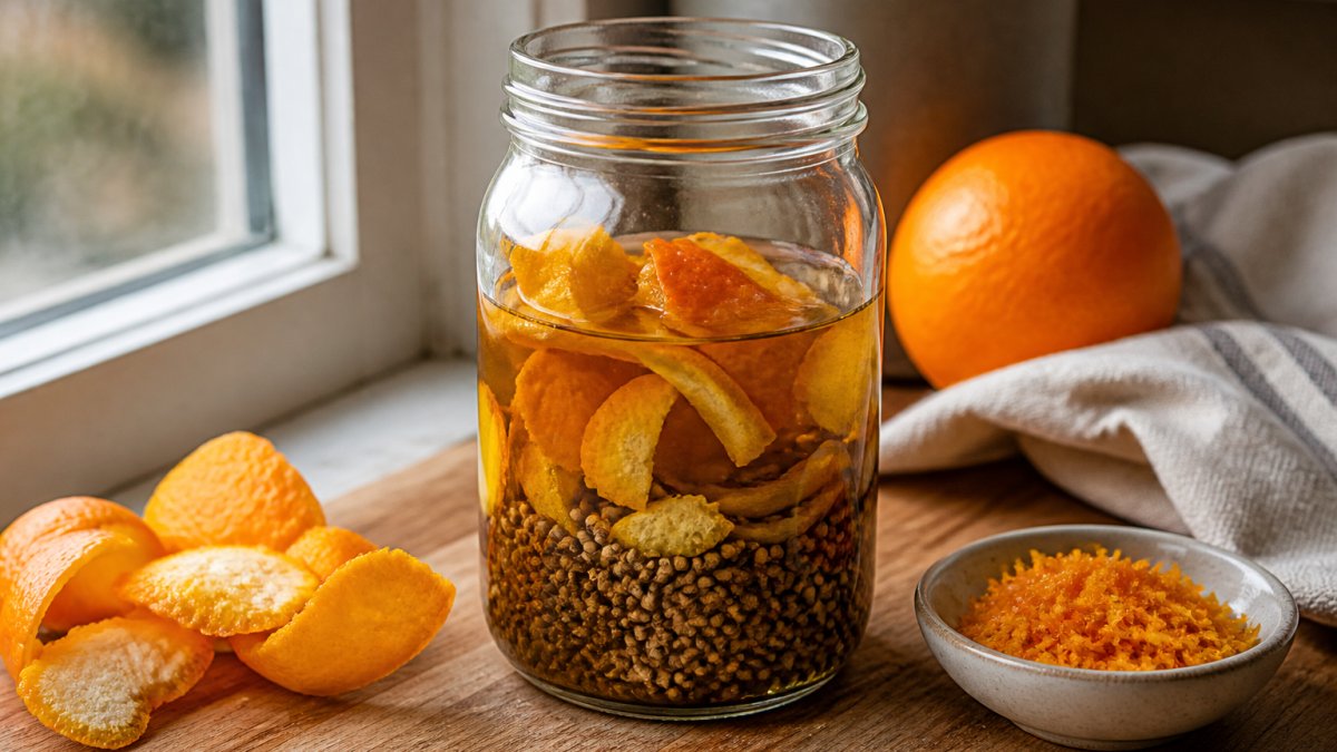 A clear mason jar filled with orange peels, coriander seeds, and vegetable glycerin on a wooden kitchen counter, with a small bowl of fresh orange zest nearby and soft natural light coming through a window