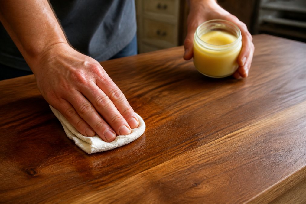 Hands applying beeswax wood polish to a wooden table surface using a soft cloth in circular buffing motions, showing the warm wood grain beneath.