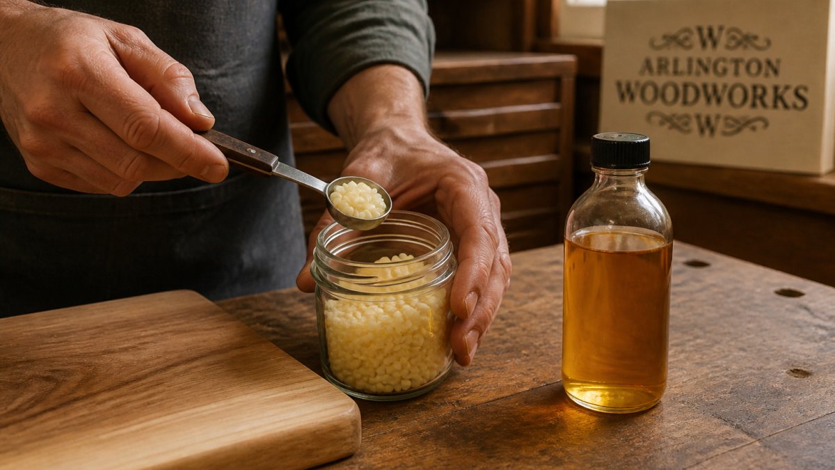 Close-up of hands holding a small glass jar with beeswax pellets and a measuring spoon, with a bottle of orange oil beside it on a wooden workbench.