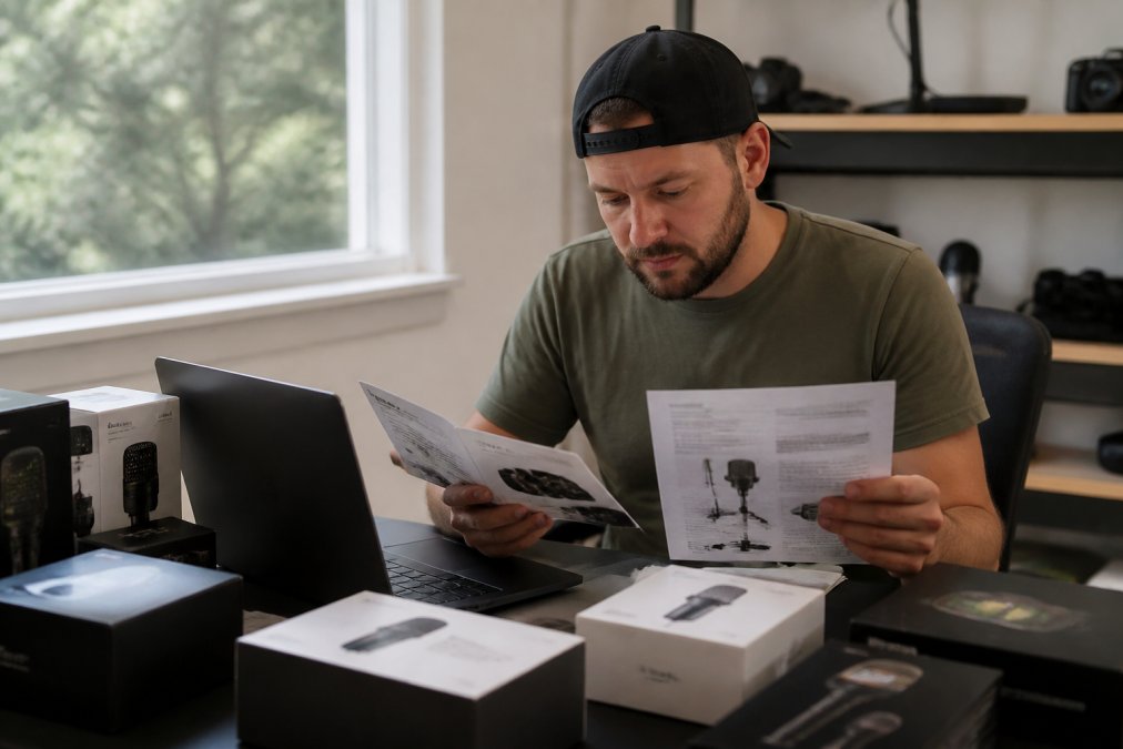 Content creator at desk reviewing equipment specification sheets and manuals with laptop, multiple product boxes, natural window lighting