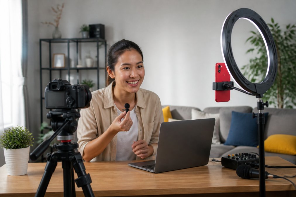 Professional content creator working at mixed-brand studio setup with wireless microphone, ring light, and camera mounted on tripod, natural diffused lighting