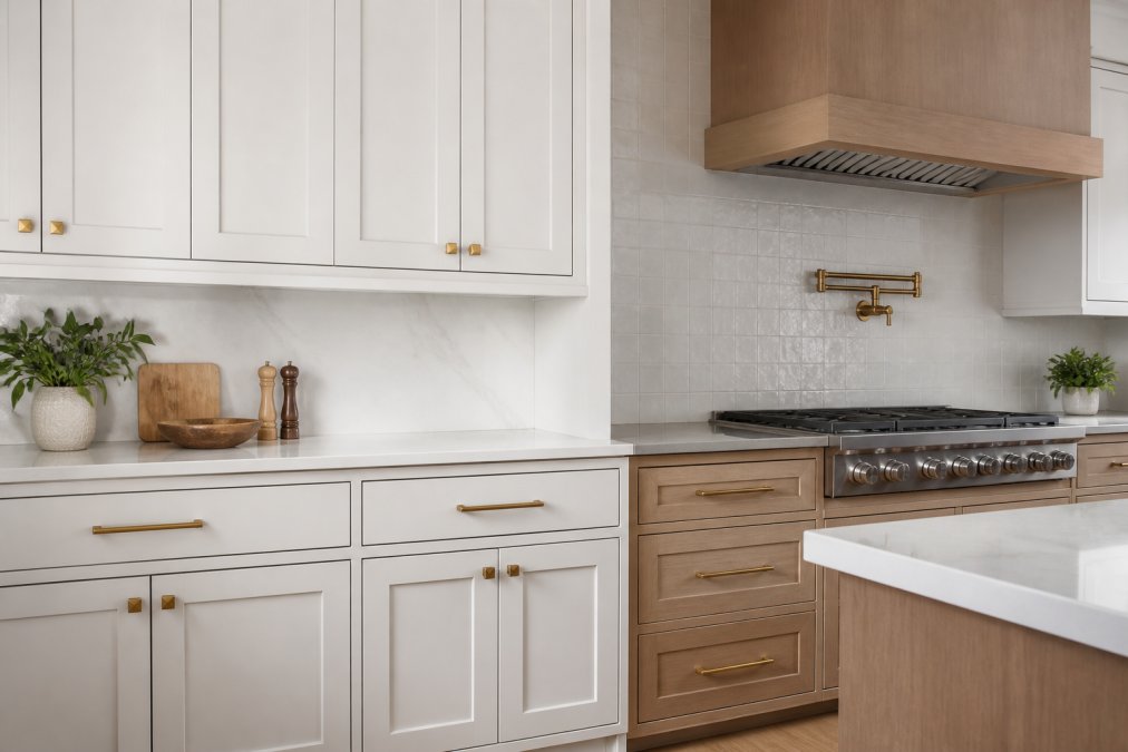 Modern kitchen featuring a mix of inset and overlay cabinets with clear visual distinction between cabinet frame styles and door reveals, natural lighting highlighting the transition between cabinet styles