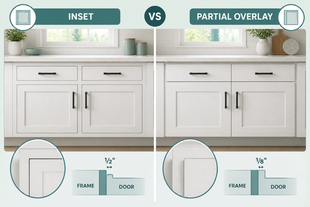 Side-by-side kitchen cabinetry showing inset flush mount doors and partial overlay doors with shaker style hardware in natural light, highlighting the frame reveal difference