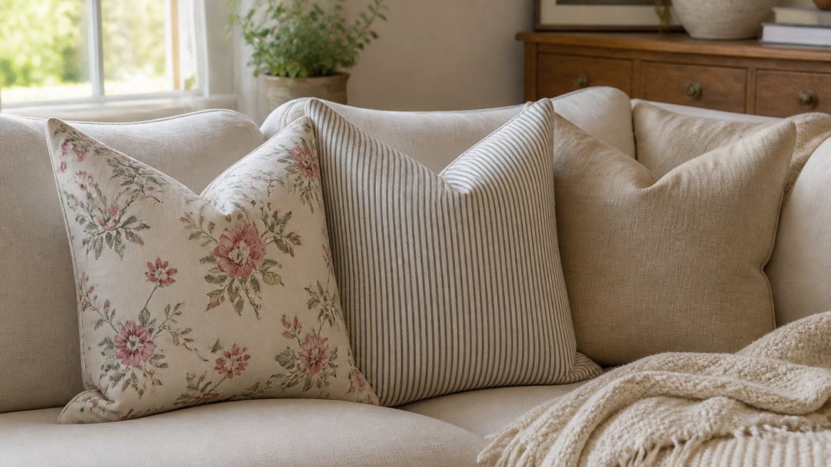 Cozy cottage sofa styled with floral, striped, and linen pillow patterns in soft neutral tones under warm daylight