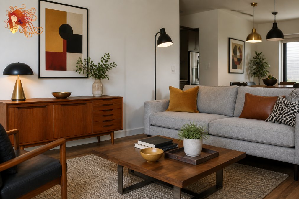 A living room with a vintage mid-century credenza in walnut wood paired with a contemporary light gray sofa, modern geometric artwork on white walls, and a mix of brass and matte black lighting fixtures creating layered illumination