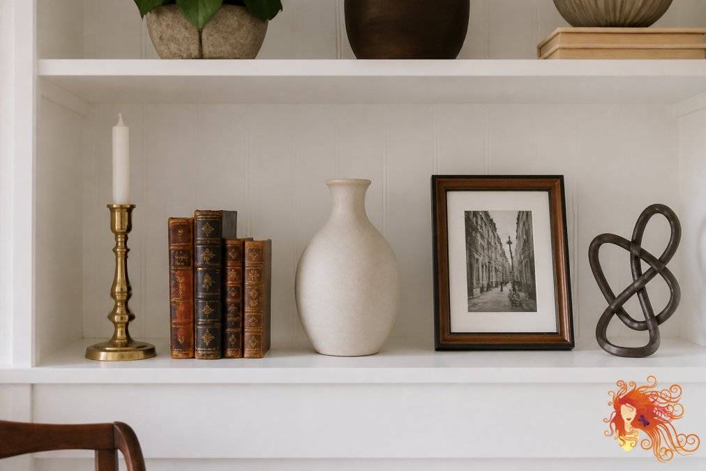 A styled shelf displaying a vintage brass candlestick, antique leather-bound books, a modern minimalist ceramic vase, a framed black-and-white photograph, and a contemporary metal sculpture, arranged with intentional spacing and negative space on white shelving