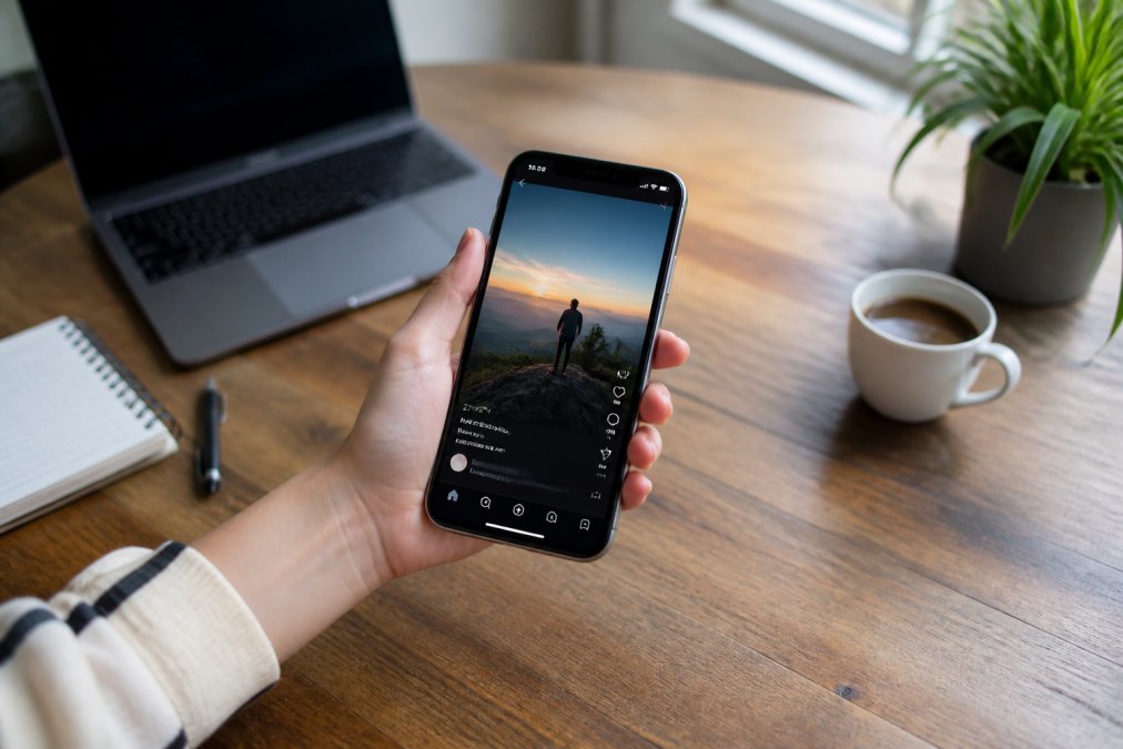 Person holding smartphone showing Instagram reels interface with engagement metrics visible on screen, sitting at a desk with natural lighting