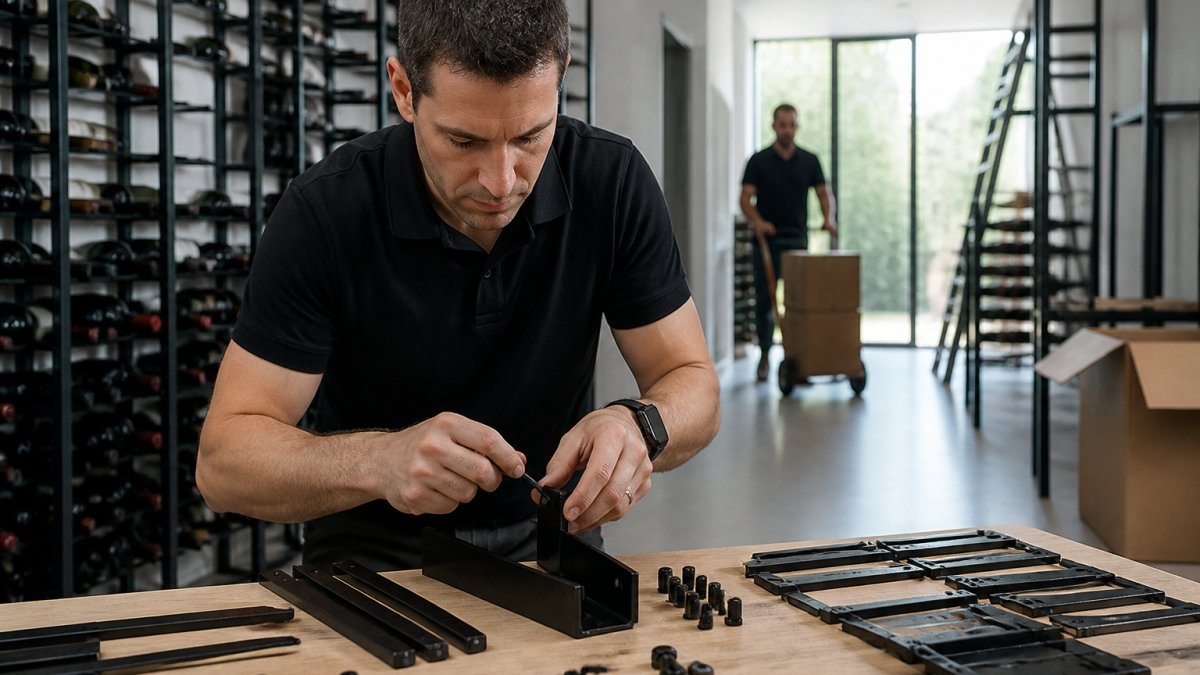 Close-up of hands carefully disconnecting modular wine rack connectors and fasteners, with labeled components organized on a clean work surface