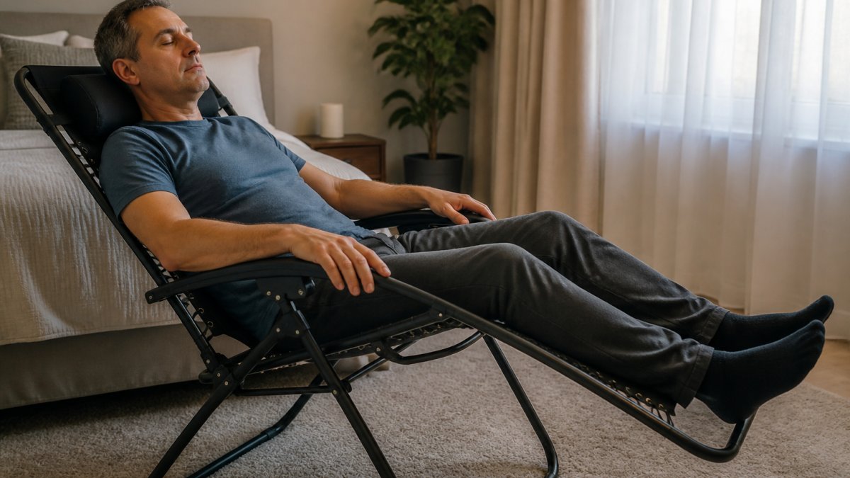 Person resting in a reclined chair with supportive pillows in a calm, sunlit bedroom for a peaceful nap.