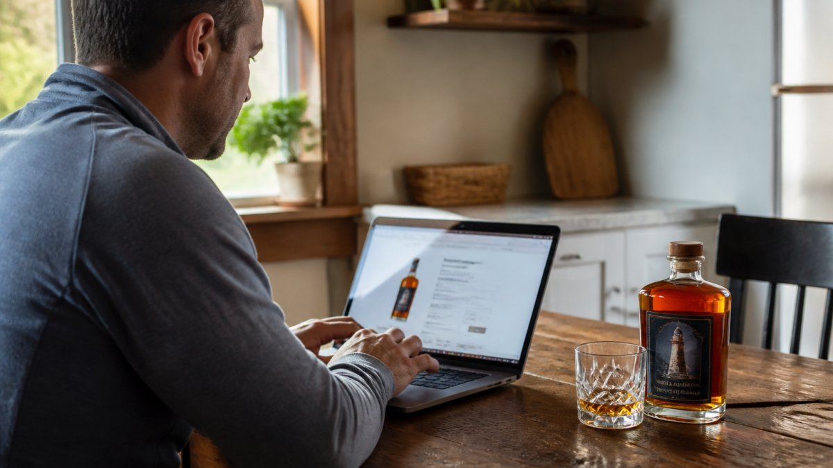 Infographic showing the step-by-step process to order craft whiskey online from a distillery website.