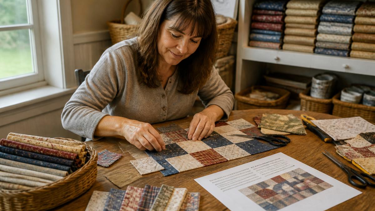 Step-by-step layout of fabric squares and tools for a beginner quilting pattern project on a wooden table