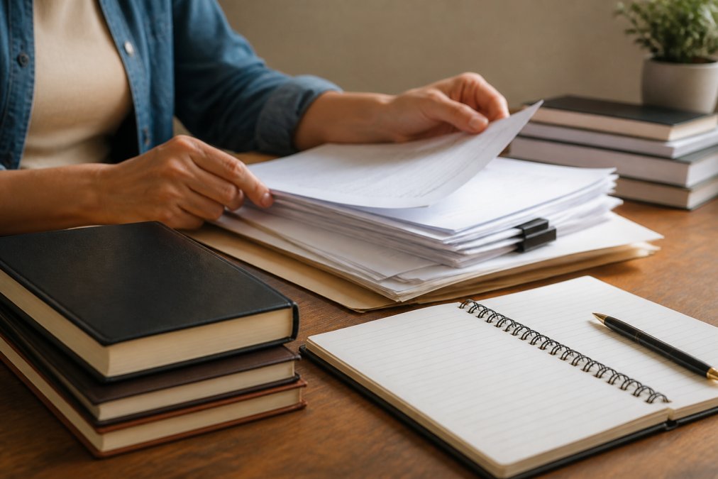 Close-up of hands organizing documents, copyright registration forms, and digital files on workspace with notebook and pen