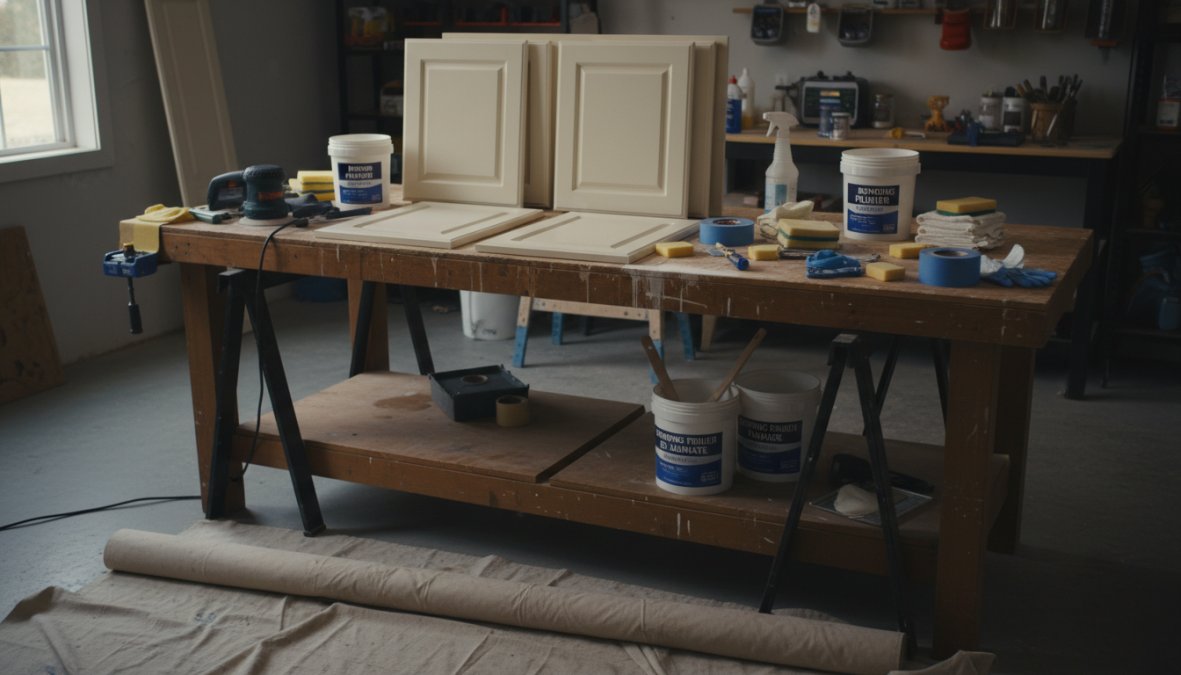 Close-up of a person wearing rubber gloves wiping down a white laminate cabinet door with a degreaser-soaked cloth, supplies including TSP cleaner, a sanding block, and painter's tape arranged on a nearby countertop in a bright kitchen