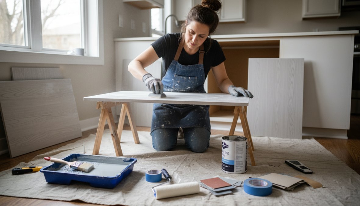 A DIYer using a high-density foam roller to apply a smooth coat of white paint to a laminate cabinet door laid flat on a workbench in a bright kitchen, with a paint tray, synthetic brush, and painter's tape visible nearby