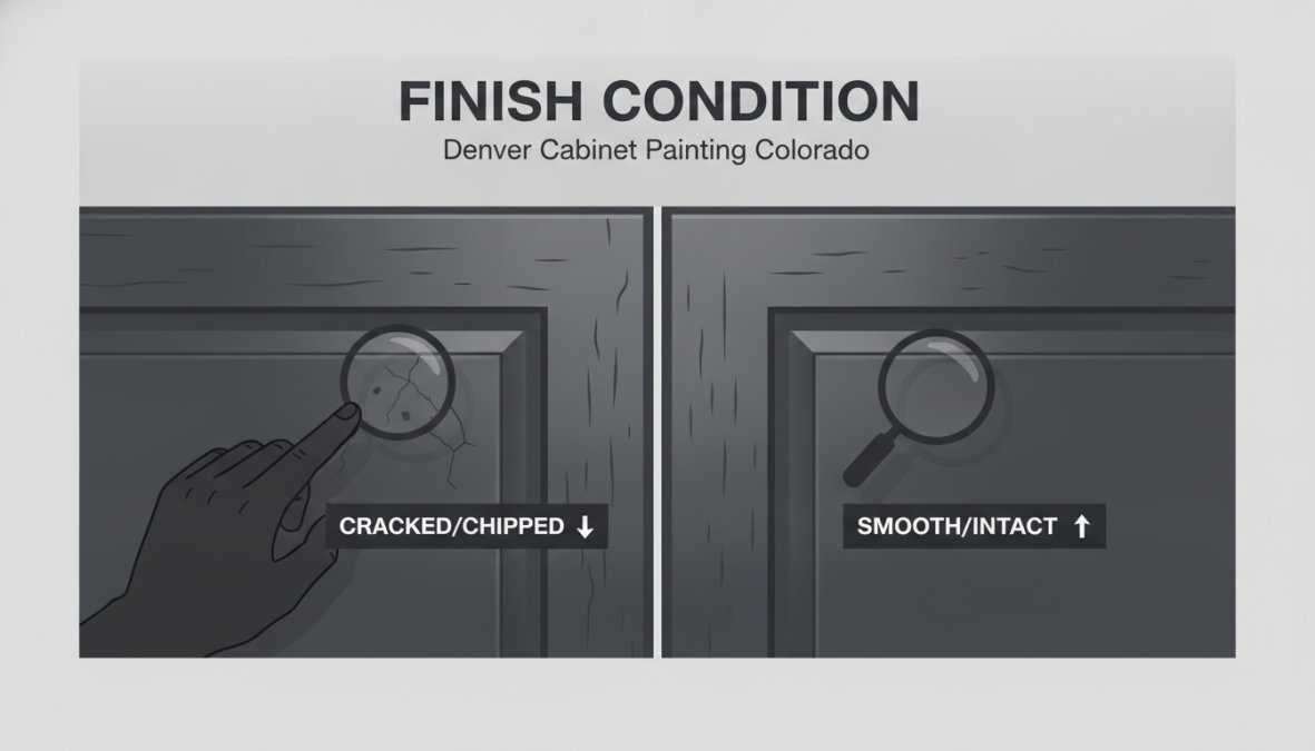 Close-up of cabinet door surface showing glossy finish, wood grain detail, and hand examining the finish with fingertips for texture and adhesion