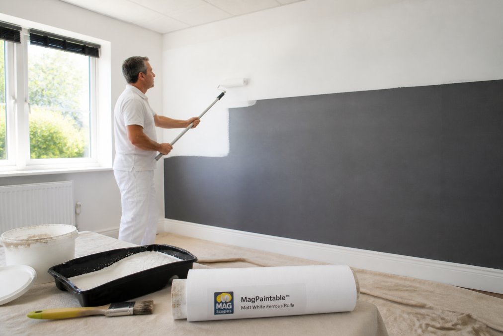 Professional decorator applying primer to a magnetic wall using a roller, with paint tray and tools visible in a well-lit room with natural sunlight streaming through windows