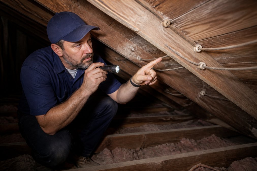 A licensed electrician in a work shirt and cap kneeling in a dusty attic, holding a flashlight and pointing at old ceramic knob and tube wiring running along wooden joists