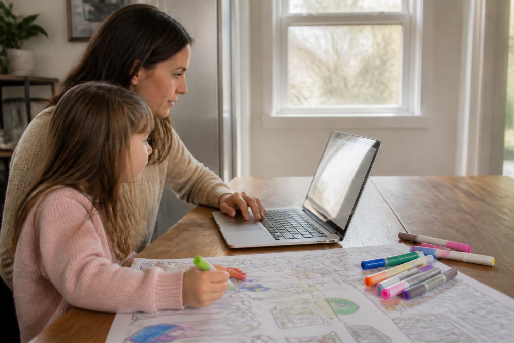 Parent and child sitting at a wooden table with a laptop open showing subscription account settings, with colorful markers and a partially colored giant sheet spread across the table surface, natural window light streaming in