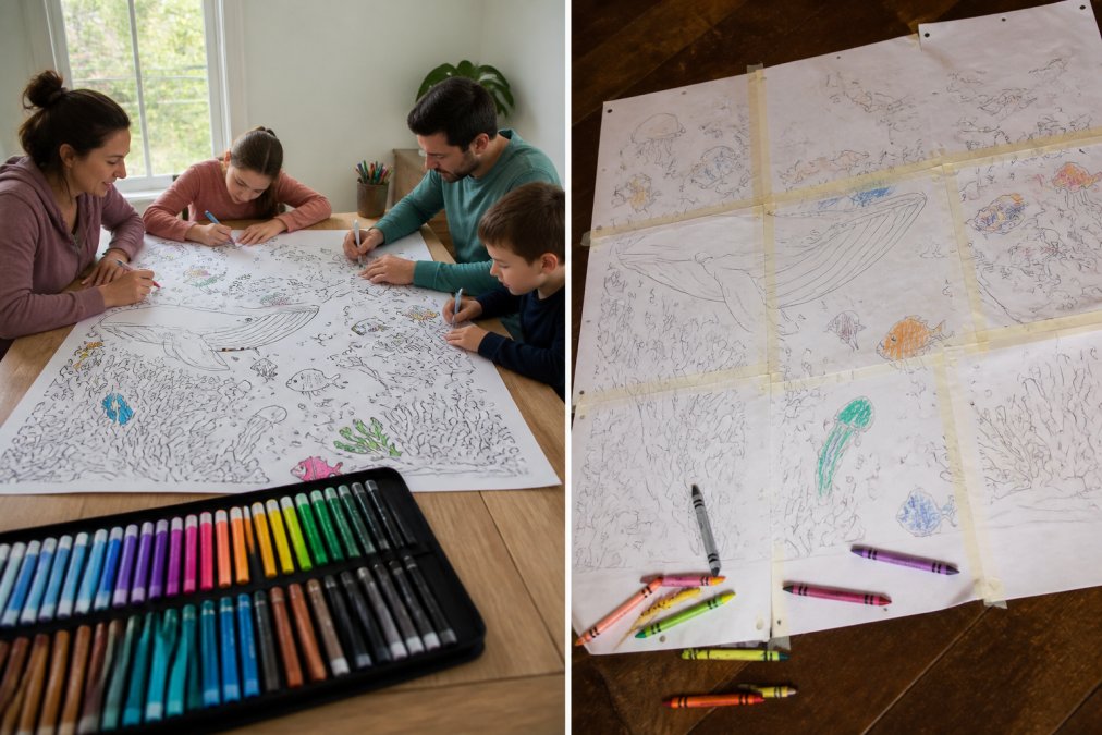 Split-scene photograph showing on the left a family of four gathered around a large professional coloring sheet at a sturdy wooden table with quality markers organized neatly, and on the right a close-up of multiple standard printer papers taped together with visible tape seams, with crayons scattered around and uneven paper edges