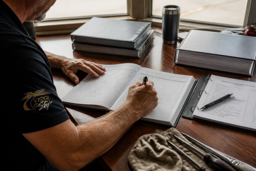 Aircraft owner writing detailed entries in aircraft maintenance logbook at a desk with technical manuals, maintenance checklist, and pen nearby, natural office lighting from window