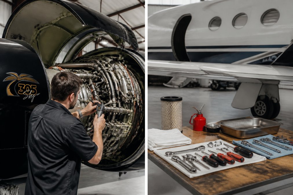 Certified A&P mechanic performing detailed hands-on inspection of aircraft engine using specialized diagnostic tools and precision instruments in well-lit maintenance hangar