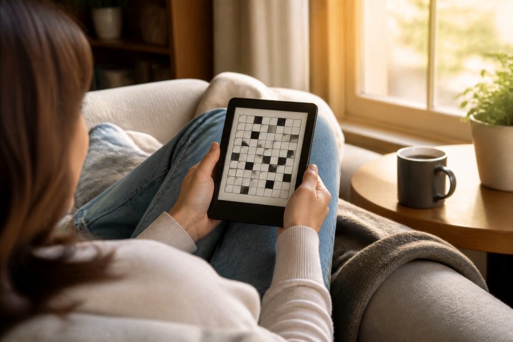 A person relaxing on a couch holding a Kindle e-reader displaying a crossword puzzle grid, no Wi-Fi router visible, warm afternoon light coming through a nearby window