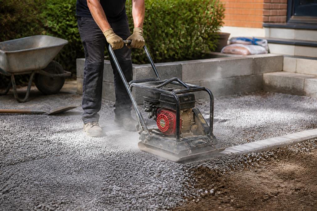 Professional contractor using a mechanical compactor on gravel surface with visible dust and stone particles, demonstrating proper base preparation technique in daylight