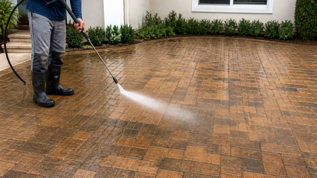 Professional demonstrating proper pressure washer nozzle angle and distance while cleaning pavers, water spray pattern visible on stone surface, outdoor patio setting