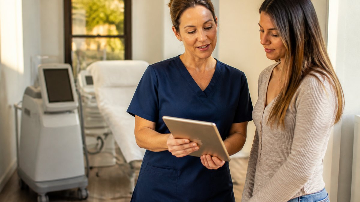 Nurse reviewing a CoolSculpting plan with a patient to aid in preventing paradoxical adipose hyperplasia