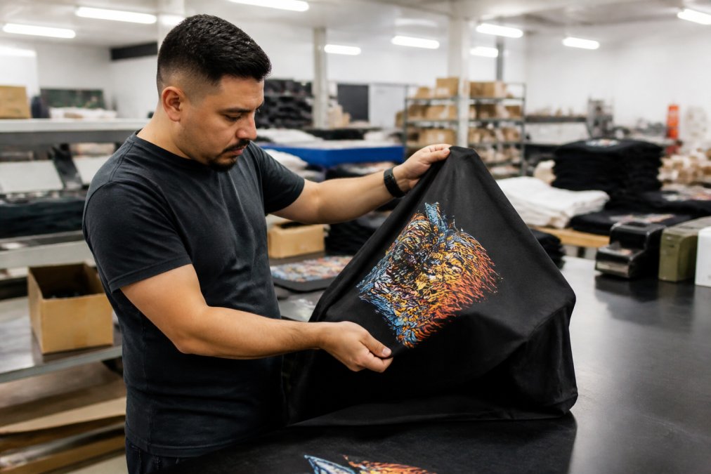 Print shop worker inspecting finished custom garments under bright overhead lighting, carefully checking print quality, ink adhesion, and color accuracy by hand