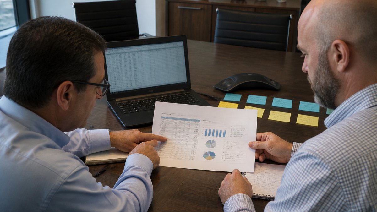 IT manager and consultant reviewing baseline metrics to track IT consulting outcomes on a project dashboard