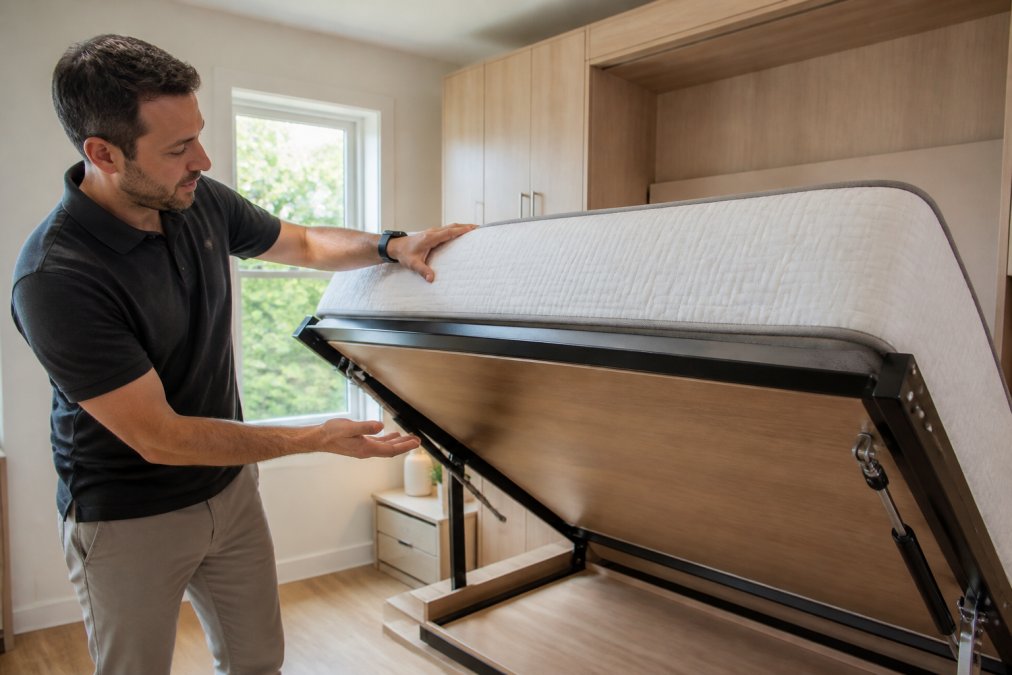 Diagram illustrating the clearance and piston mechanism for fitting a standard mattress into a wall-mounted bed frame.