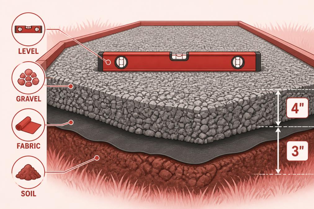 Close-up of compacted gravel foundation with landscape fabric visible underneath, showing proper ground preparation with a level tool resting on the surface to verify flatness