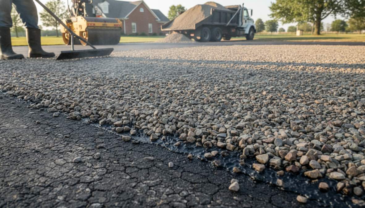 Close-up of paving contractor applying hot liquid asphalt binder to driveway surface with aggregate stone visible and compaction roller in background