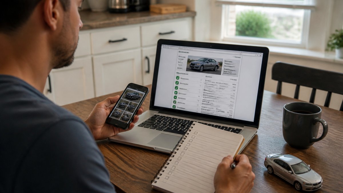 Infographic showing the process to buy used car by reviewing vehicle history reports and inspection checklists.