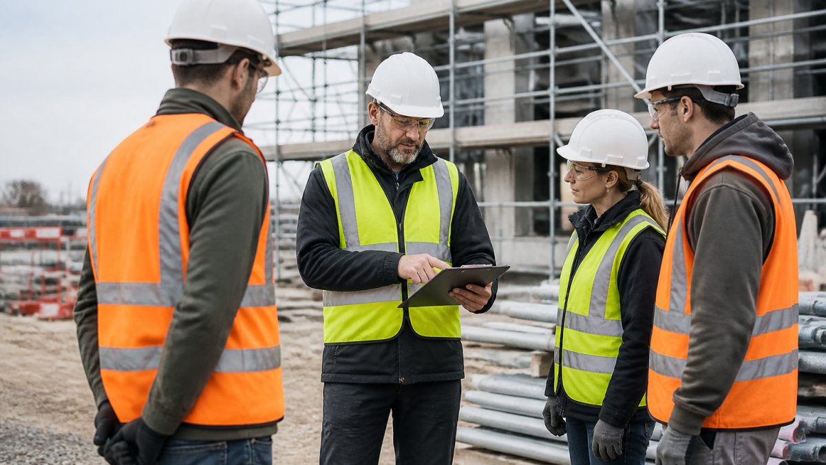 Construction supervisor reviewing a safety checklist with a crew to build a strong construction safety culture.