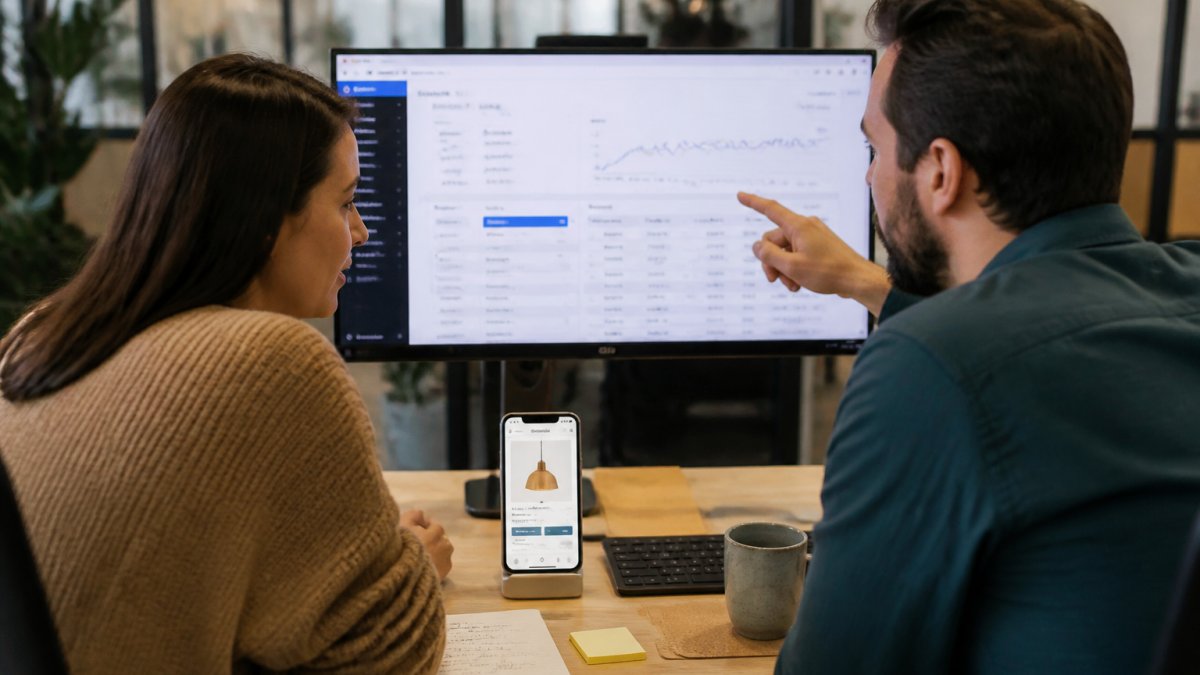 An ecommerce manager and a developer reviewing an A/B test dashboard on a large monitor in a modern office, smartphone on the desk showing a mobile storefront