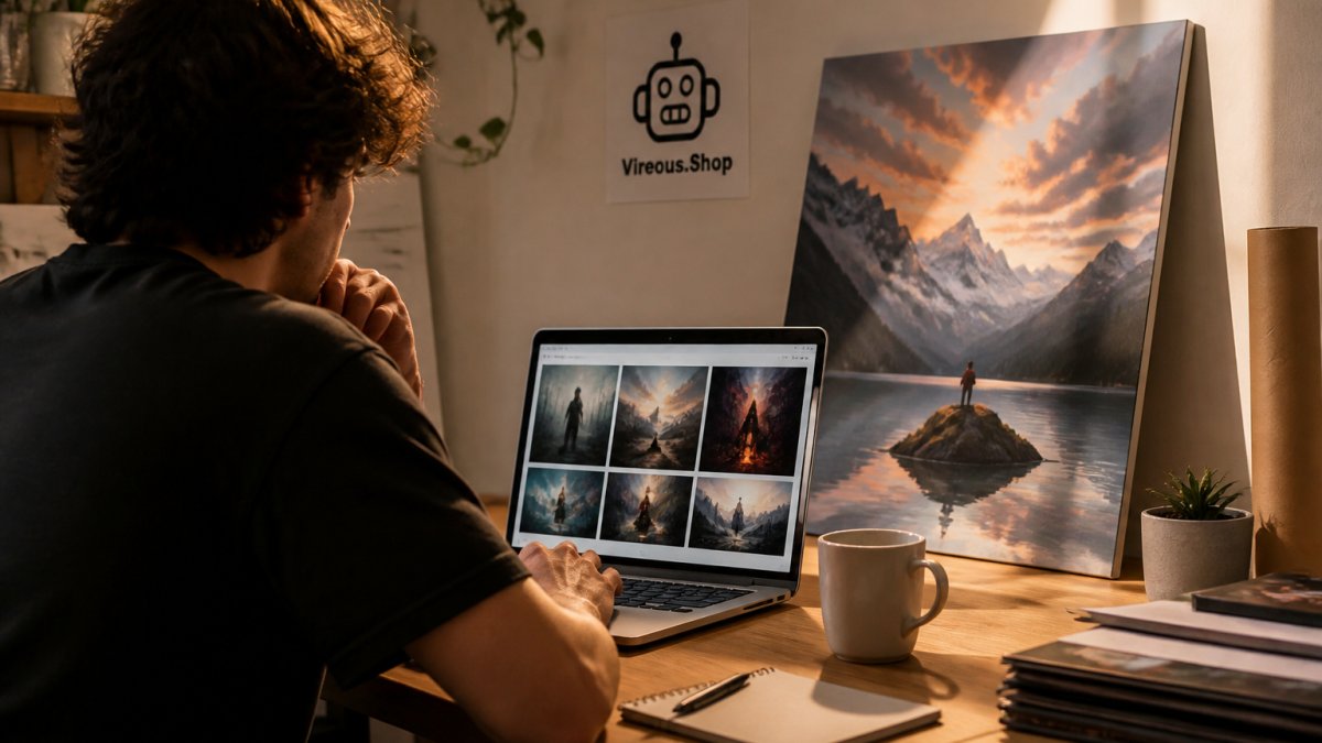 A creator at a desk reviewing AI-generated artwork on a laptop screen, with a printed canvas leaning against the wall nearby, warm evening light