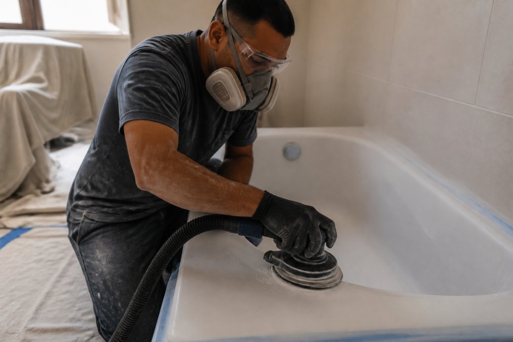 Professional technician sanding fiberglass bathtub surface with orbital sander, wearing safety goggles and dust mask in well-lit bathroom with drop cloths protecting fixtures