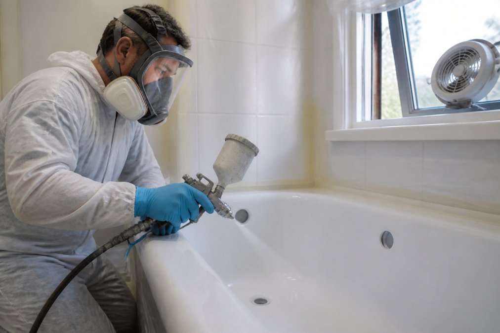Professional worker wearing full-face respirator and protective gloves while spraying epoxy coating onto fiberglass bathtub surface, bathroom window open with ventilation fan running