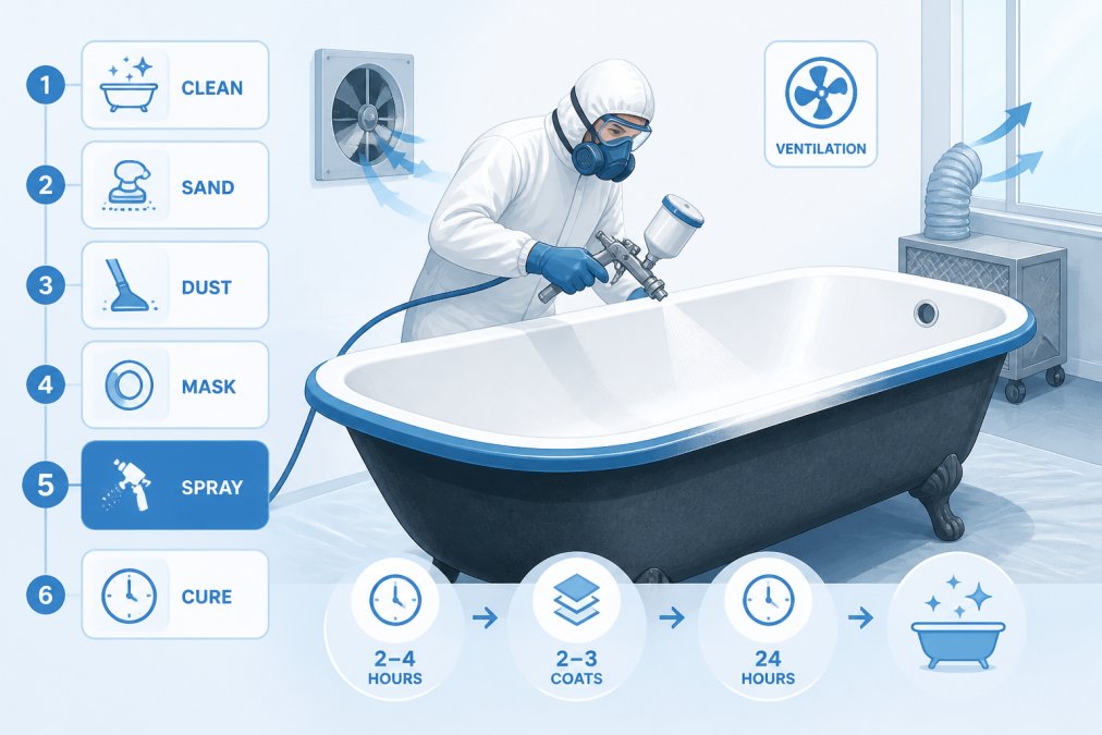Professional technician in protective gear applying glossy white coating to the interior of a cast-iron tub with spray equipment, showing the smooth application technique in a well-ventilated workspace