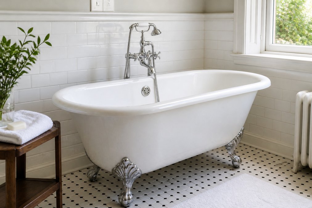 Beautifully restored vintage clawfoot cast-iron tub with a glossy, pristine white porcelain-like finish in a bright, naturally lit bathroom with white subway tile walls and polished chrome fixtures